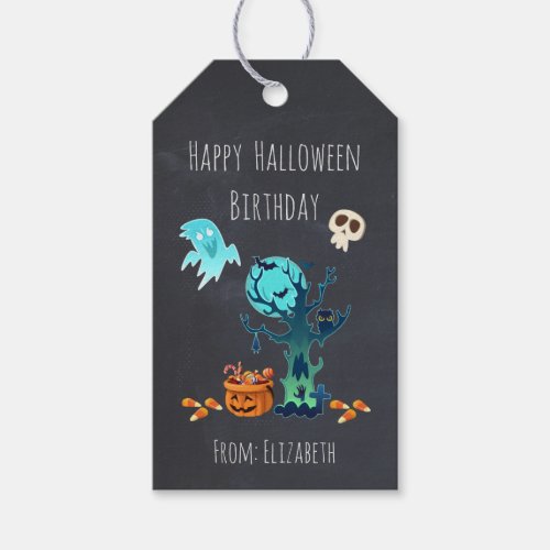 Halloween Birthday With Ghosts Bats Skulls  Candy Gift Tags