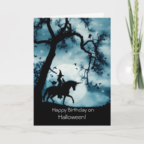 Halloween Birthday with Witch and Unicorn Card