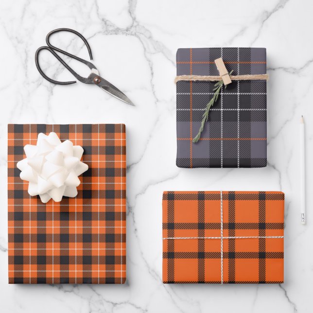 Halloween Black and Orange Checked Plaid Gingham  Wrapping Paper Sheets (Front)