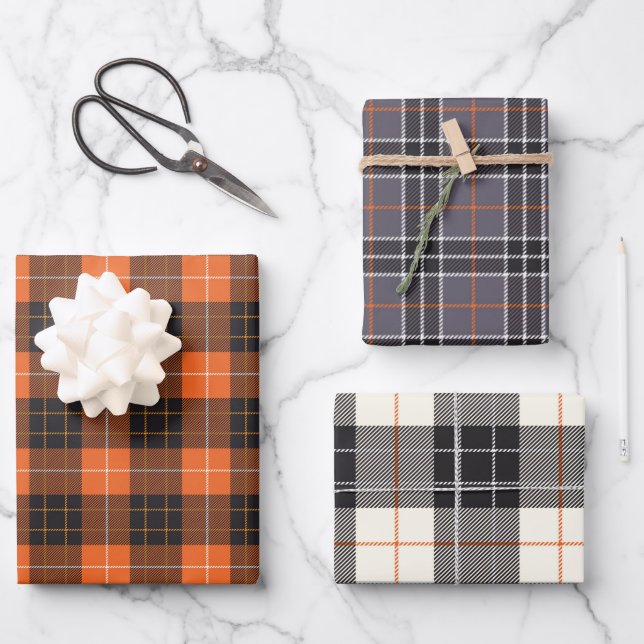 Halloween Black and Orange Tartan Plaid Gingham Wrapping Paper Sheets (Front)