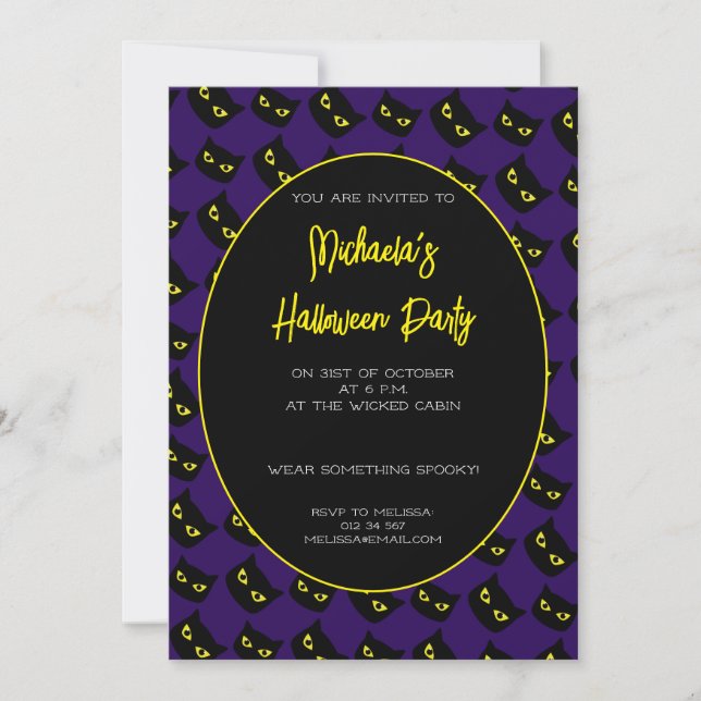 Halloween black and purple cat yellow eyes pattern invitation (Front)