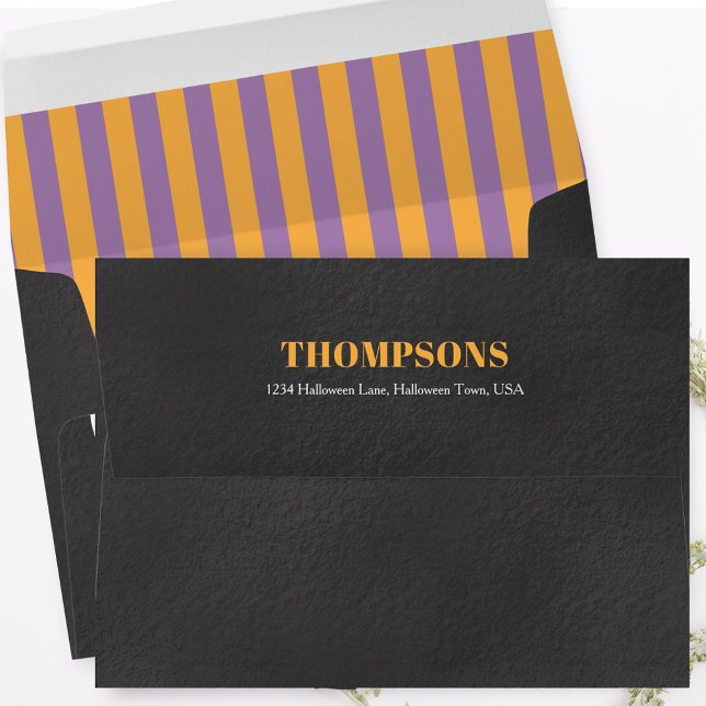 Halloween Black and Purple Return Address Envelope (Black spooky envelope with purple and orange stripes.)