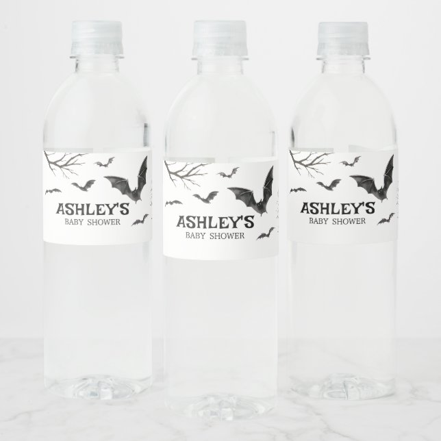 Halloween Black and White Bats Baby Shower Water Bottle Label (Bottles)
