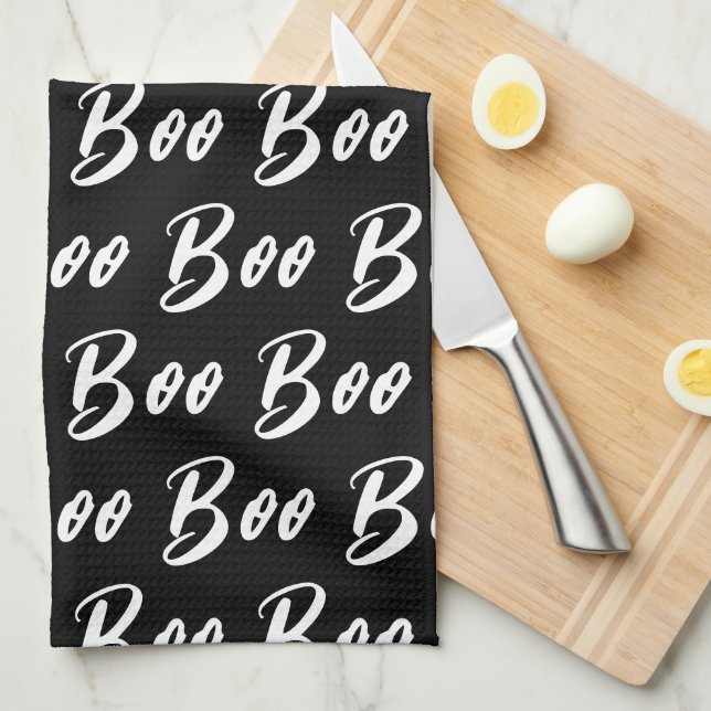Halloween Black and White boo text pattern Kitchen Towel (Quarter Fold)
