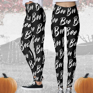 Halloween Black and White boo text pattern Leggings