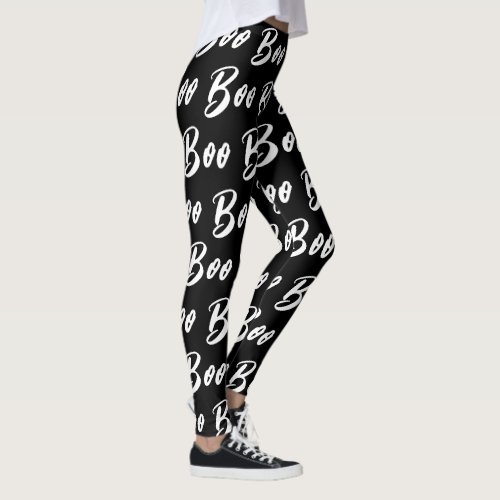 Halloween Black and White boo text pattern Leggings
