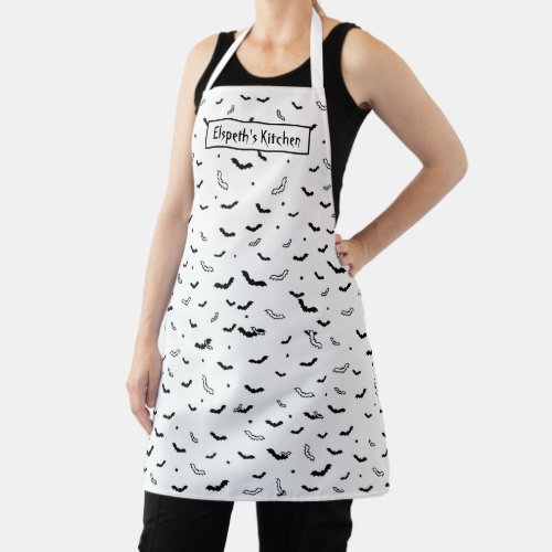 Halloween Black and White Flying Bats Pattern Apron