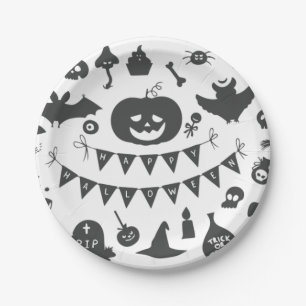 Halloween Black and White Icons Pattern Paper Plates