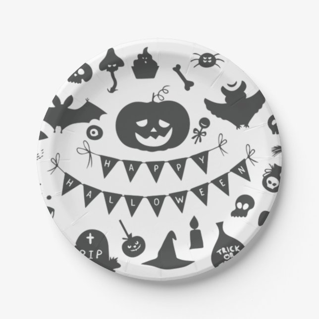 Halloween Black and White Icons Pattern Paper Plates (Front)