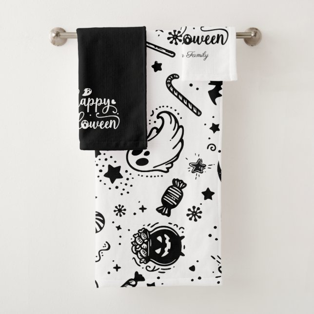 Halloween Black And White Scary Line art Bath Towel Set (Insitu)