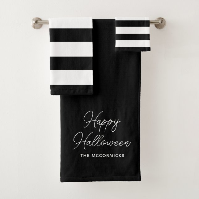 Halloween Black And White Script Text Personalized Bath Towel Set (Insitu)
