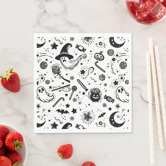 Halloween Black And White Spooky Birthday Party Napkins (Insitu)