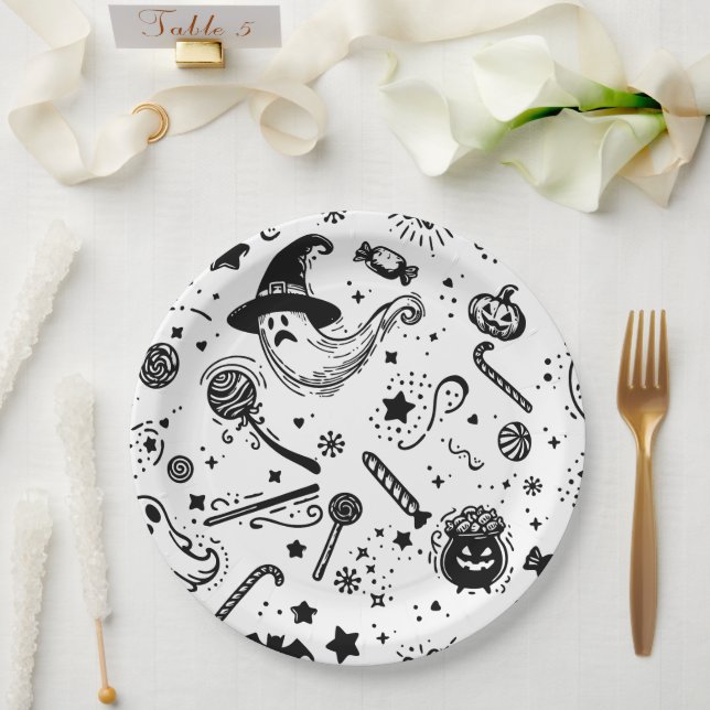 Halloween Black And White Spooky Line Art Birthday Paper Plates (Wedding)