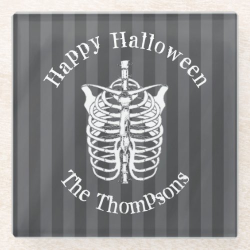Halloween Black and White Spooky Skeleton Glass Coaster