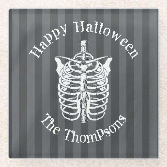 Halloween Black and White Spooky Skeleton Glass Coaster (Front)