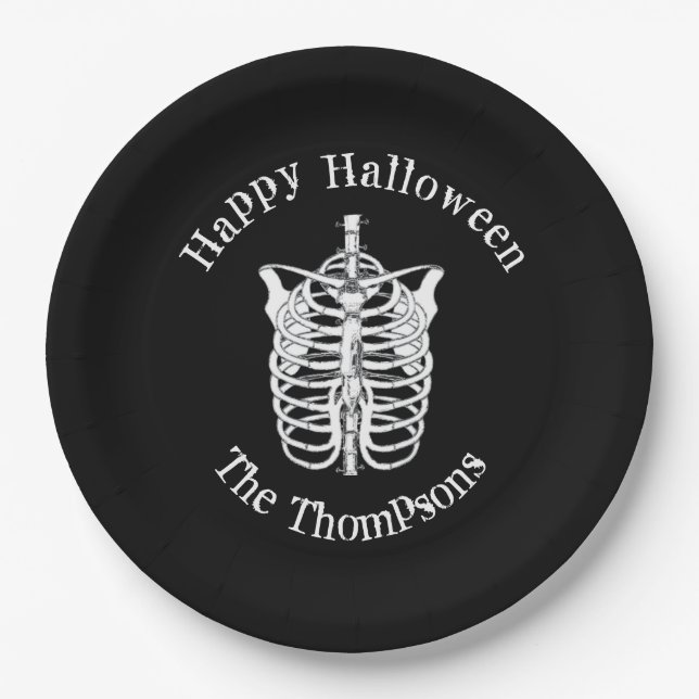 Halloween Black and White Spooky Skeleton Paper Plates (Front)