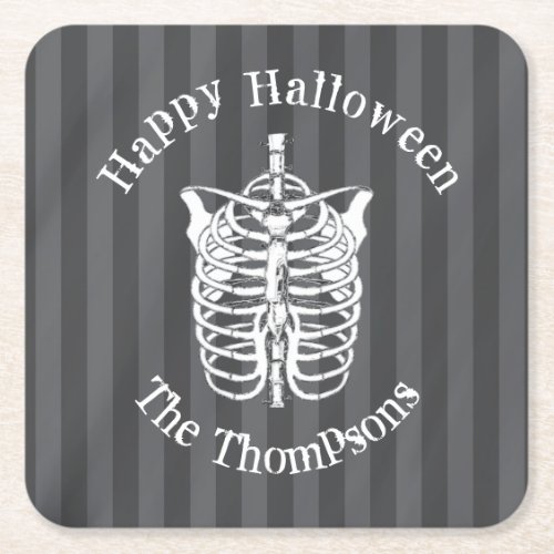 Halloween Black and White Spooky Skeleton Square Paper Coaster