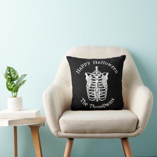 Halloween Black and White Spooky Skeleton Throw Pillow