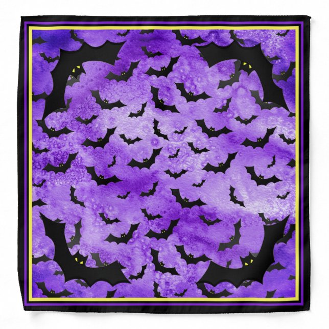 Halloween Black Bat Random Pattern Purple BG Bandana (Front)