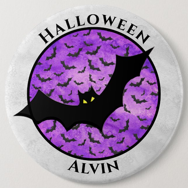 Halloween Black Bat Random Pattern Purple BG Button (Front)