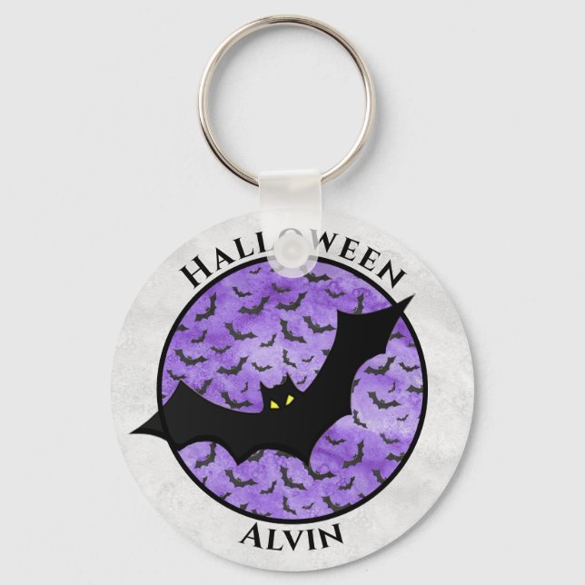 Halloween Black Bat Random Pattern Purple BG Keychain (Front)
