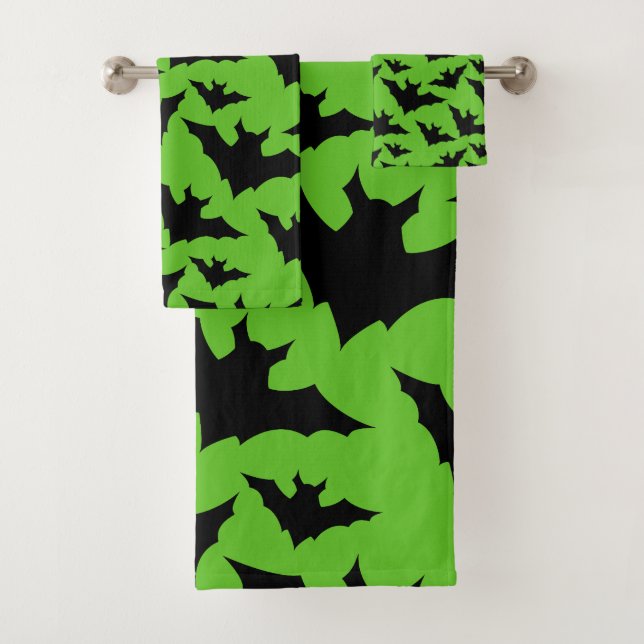 Halloween black bats green cool spooky pattern bath towel set (Insitu)