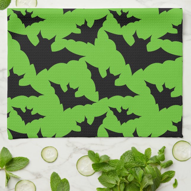 Halloween black bats green cool spooky pattern kitchen towel (Folded)
