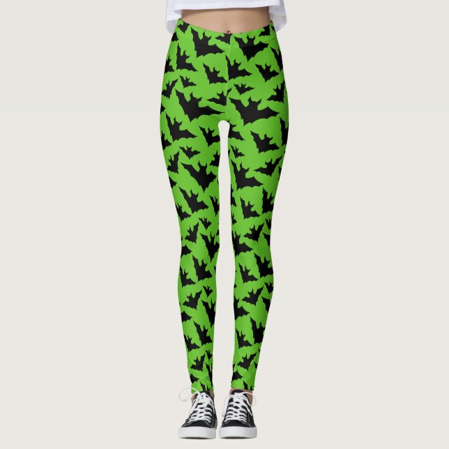 Halloween black bats green cool spooky pattern leggings (Front)