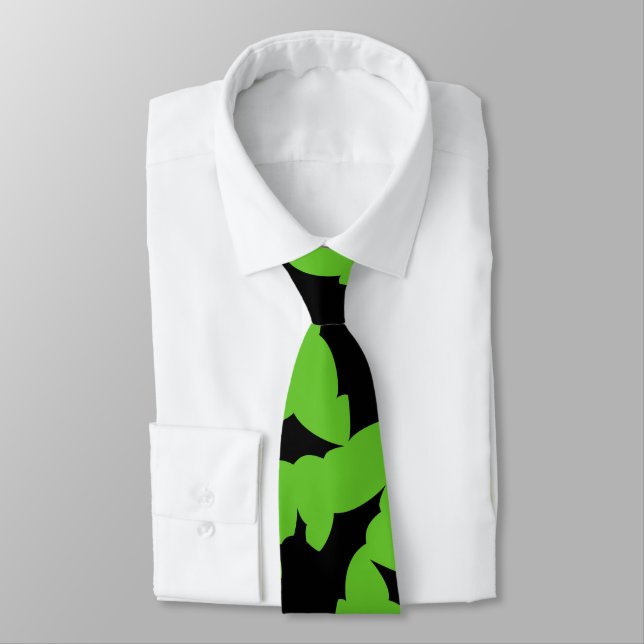 Halloween black bats green cool spooky pattern neck tie (Tied)