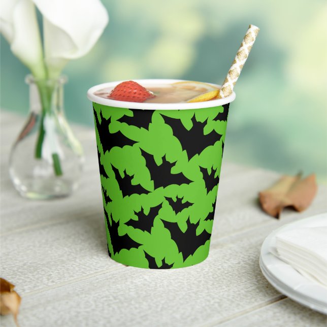 Halloween black bats green cool spooky pattern paper cups (Insitu)
