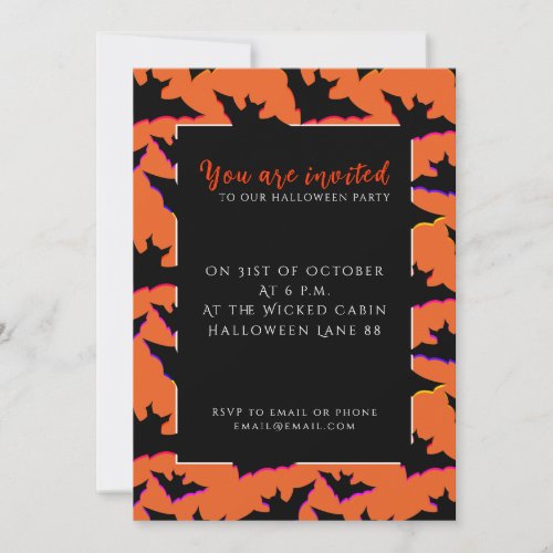 Halloween black bats orange colorful pattern invitation