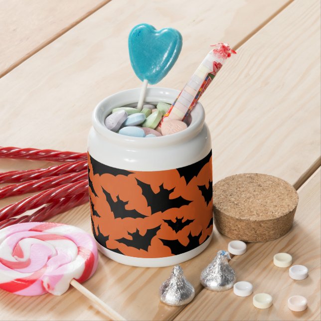 Halloween black bats orange cool spooky pattern candy jar (In Situ)