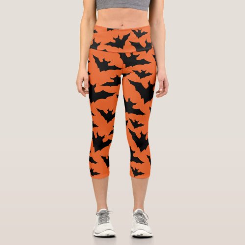 Halloween black bats orange cool spooky pattern capri leggings