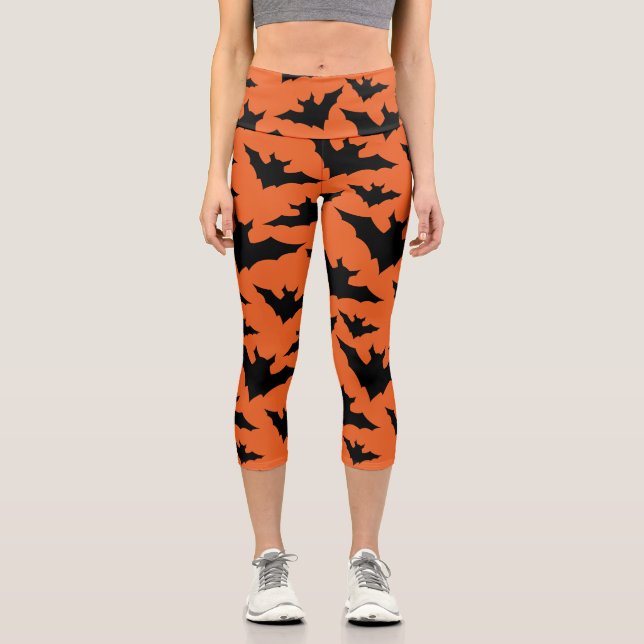 Halloween black bats orange cool spooky pattern capri leggings (Front)