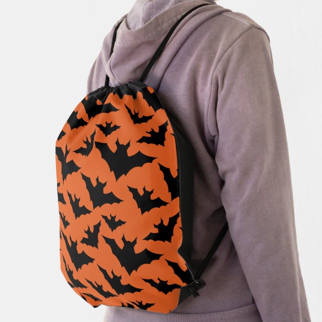 Halloween black bats orange cool spooky pattern drawstring bag (Insitu)