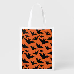 Halloween black bats orange cool spooky pattern grocery bag