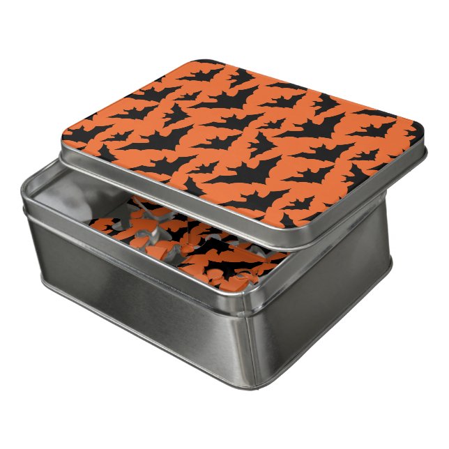 Halloween black bats orange cool spooky pattern jigsaw puzzle (Lid Open)