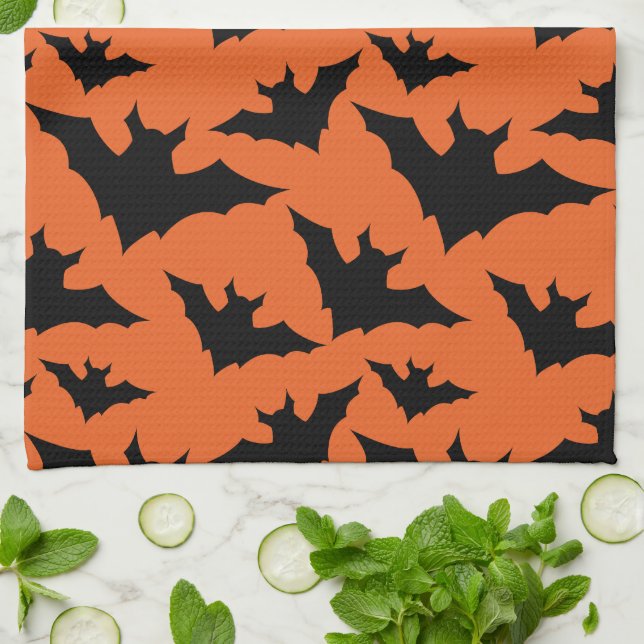 Halloween black bats orange cool spooky pattern kitchen towel (Folded)