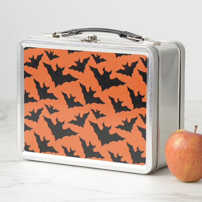 Halloween black bats orange cool spooky pattern metal lunch box (In Situ)