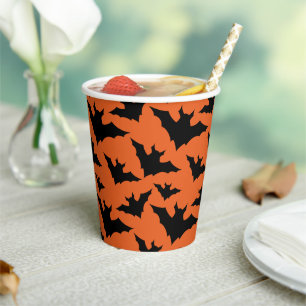 Halloween black bats orange cool spooky pattern paper cups