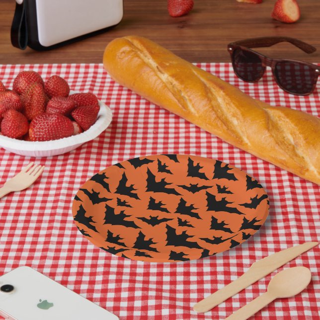 Halloween black bats orange cool spooky pattern paper plates (Picnic)