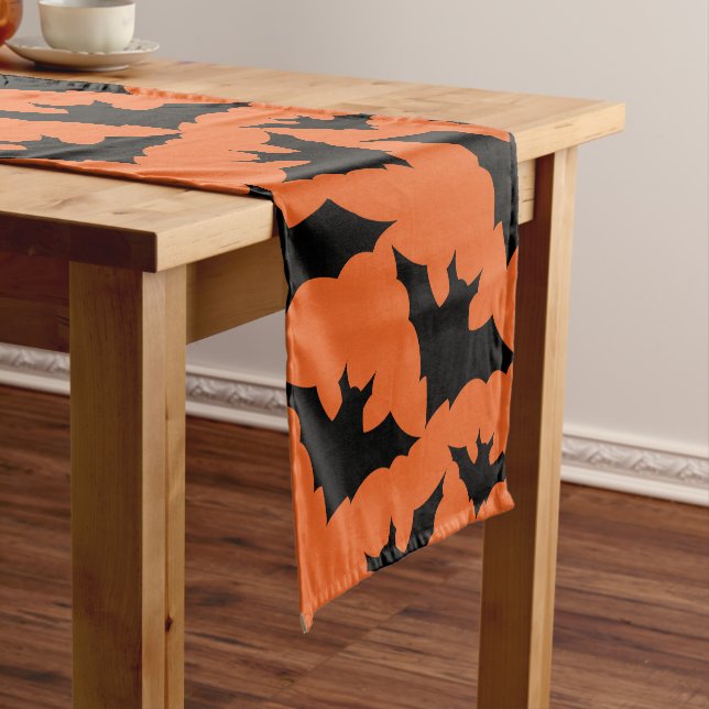 Halloween black bats orange cool spooky pattern short table runner (In Situ)
