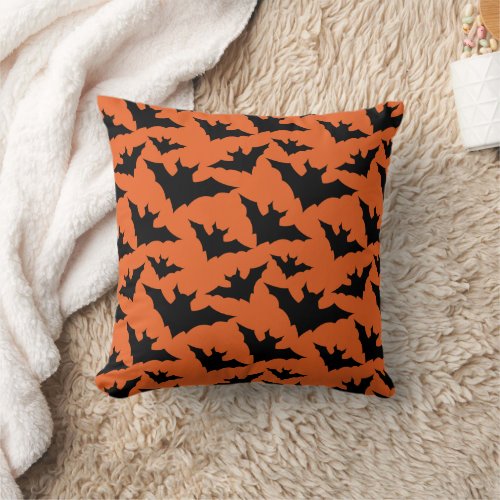 Halloween black bats orange cool spooky pattern throw pillow