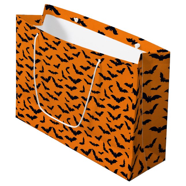 Halloween Black Bats Orange Seamless Pattern Large Gift Bag (Front Angled)