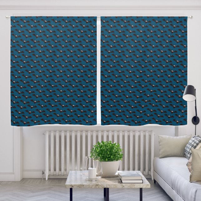 Halloween Black Bats Pattern Dark Blue Background Blackout Curtains (Living Room)