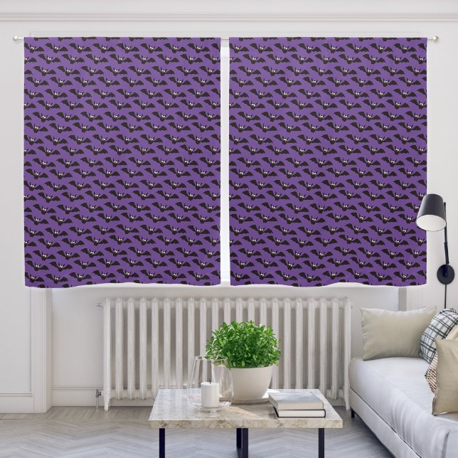Halloween Black Bats Pattern Purple Background Blackout Curtains (Living Room)