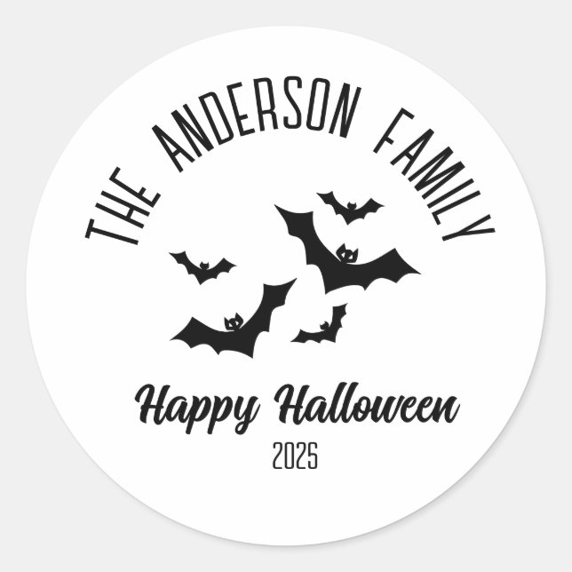 Halloween Black Bats Personalized Name Year Classic Round Sticker (Front)
