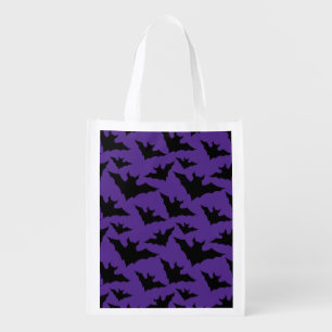 Halloween black bats purple cool spooky pattern grocery bag