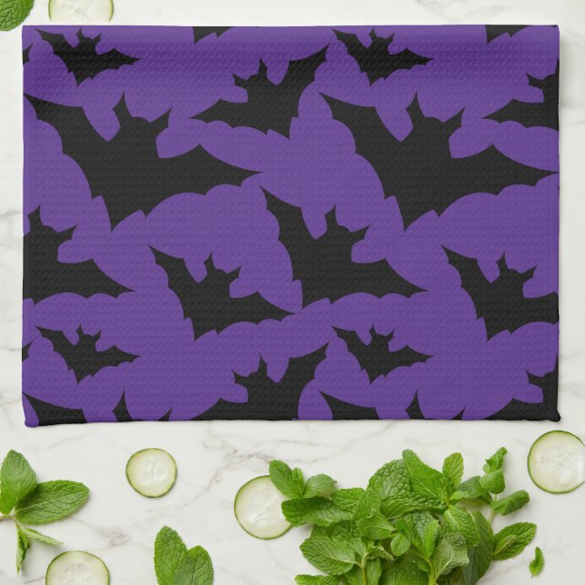 Halloween black bats purple cool spooky pattern kitchen towel (Folded)