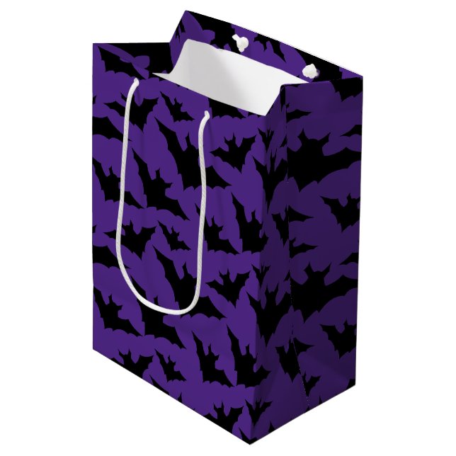 Halloween black bats purple cool spooky pattern medium gift bag (Front Angled)